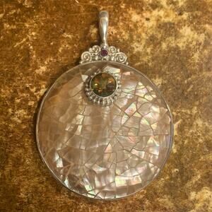 Sajen Pendant Sterling Silver, Abalone Shell, Ammolite and Ruby Statement Piece